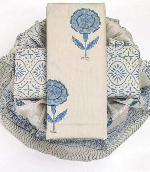 Pure cotton hand-block print suit with Chiffon dupatta