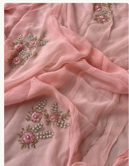 Beautiful Pure Jaipuri Chiffon 13 big Bird motif work Saree with blouse
