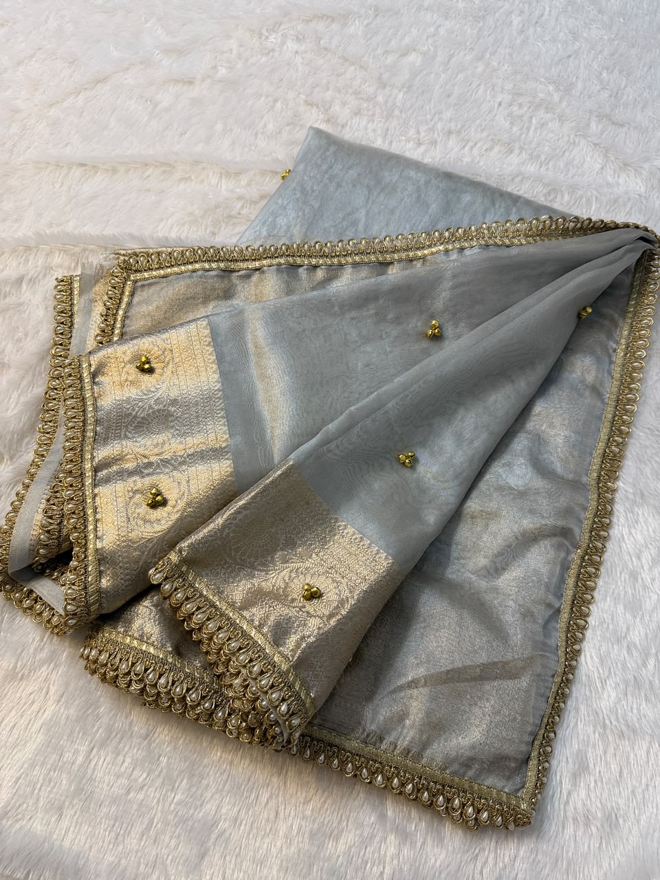 Premium Banarasi Tissue Zari Weaving Saree with Ghungroo Handwork Border