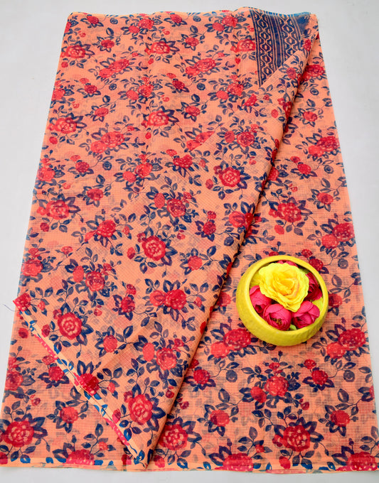 Pure Cotton Kota Doria Kalam Kari Floral Print Saree