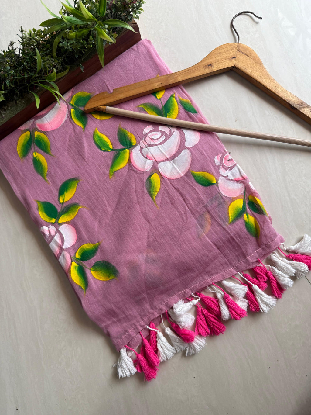 Beautiful Mulmul   Cotton Flowers design Hand Painted Saree