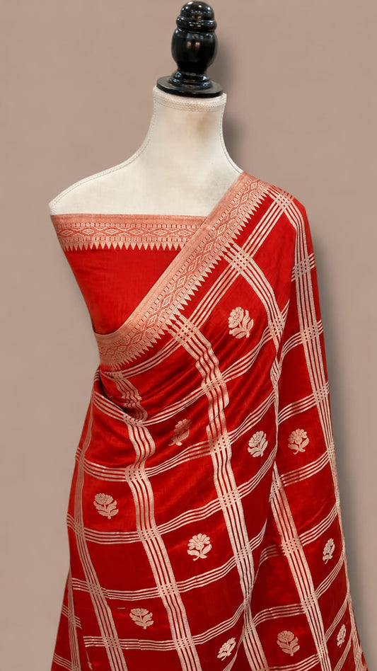 Mango Katan Banarasi Soft Silk Saree with Zari Check Weaving and Floral Boota Work