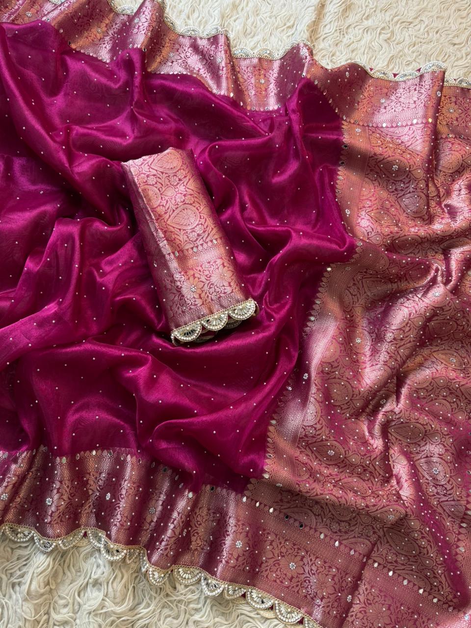 Banarasi Tissue Silk Saree With beautiful borders with beads work