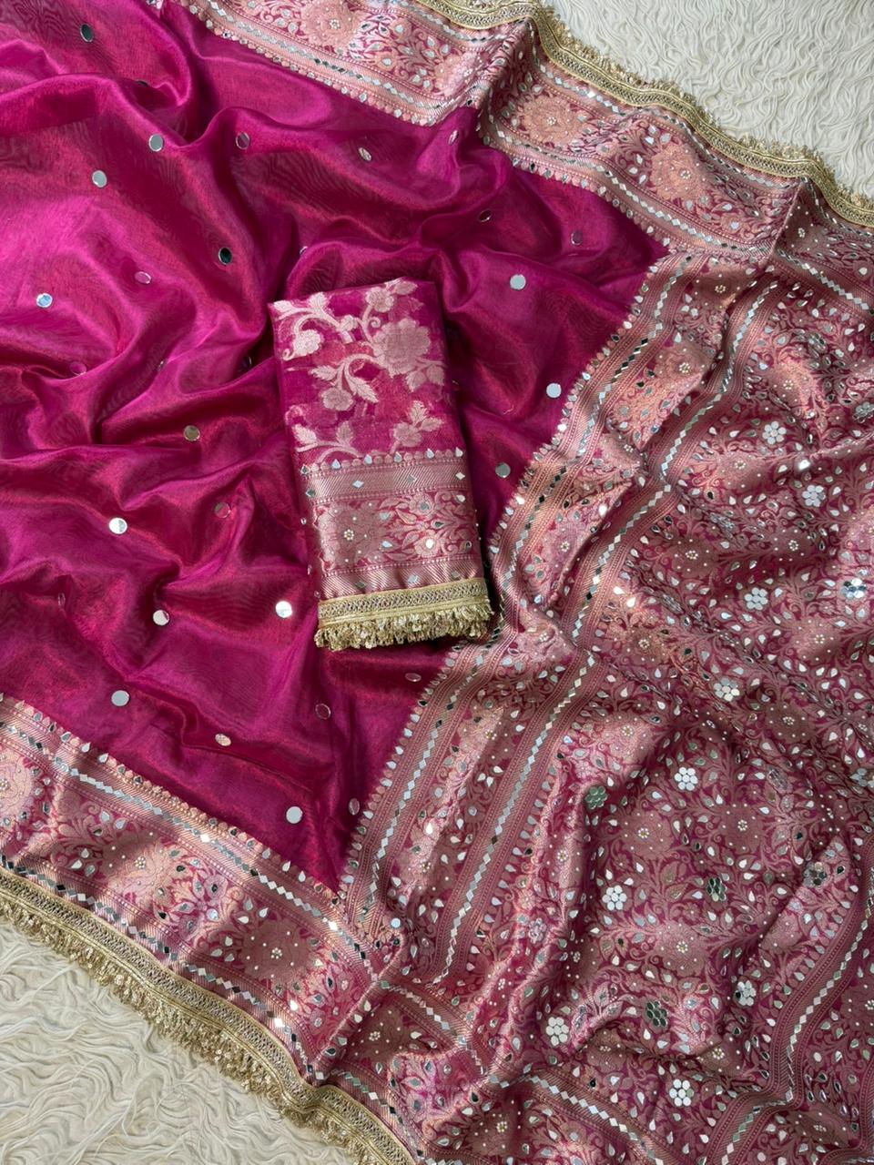 Banarasi Tissue Silk Saree With beautiful  borders with mirror  work