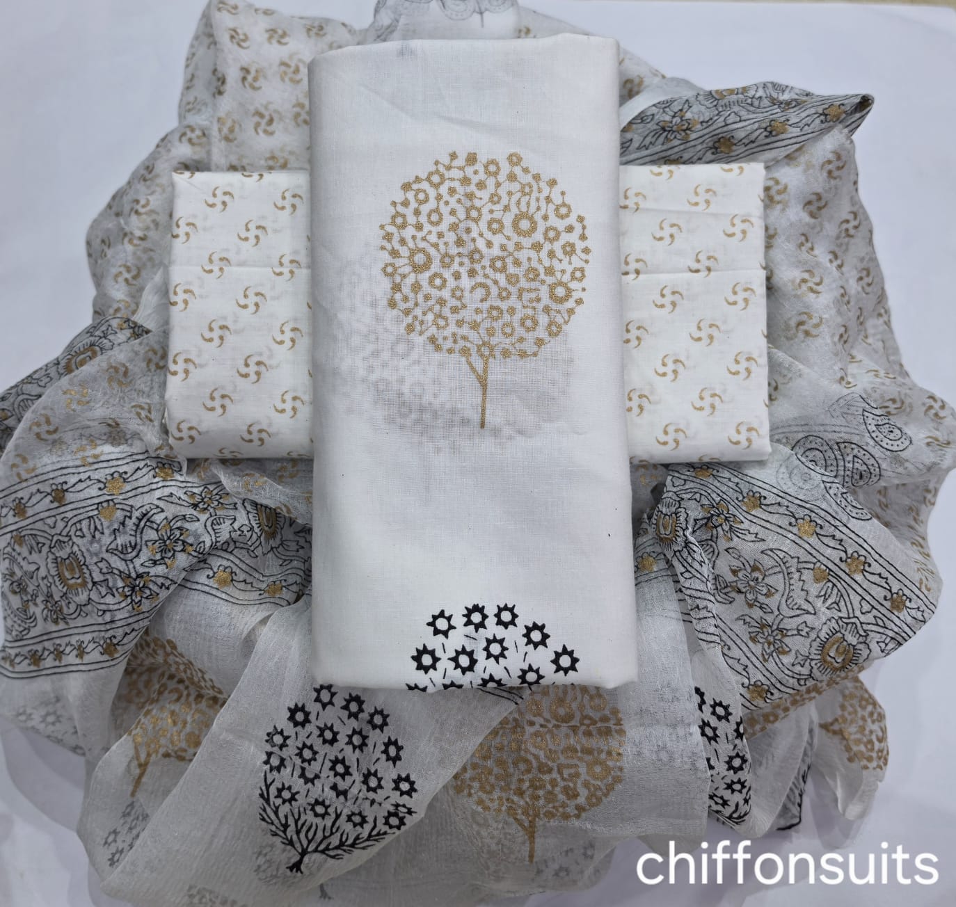 Pure cotton hand-block print suit with Chiffon dupatta