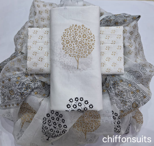 Pure cotton hand-block print suit with Chiffon dupatta