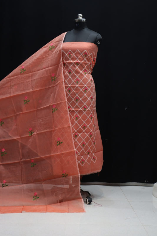 Pure Kota-Doria Unstitched Suit with Embroidery Work