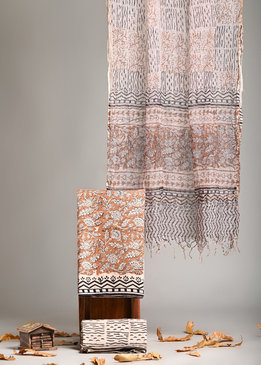 Pure Cotton Hand Block Print Suit With Kota Doriya Dupatta