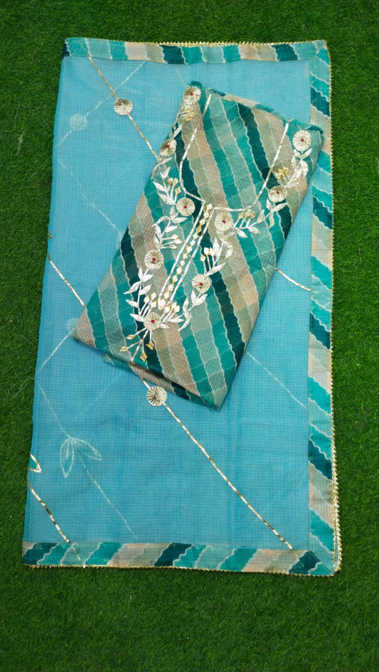 Premium Kota Doria Cotton 3 Pic Unstitched Suit Material with Hand Gota Work & Dupatta