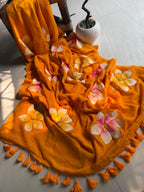 Beautiful Mulmul   Cotton Flowers design Hand Painted Saree