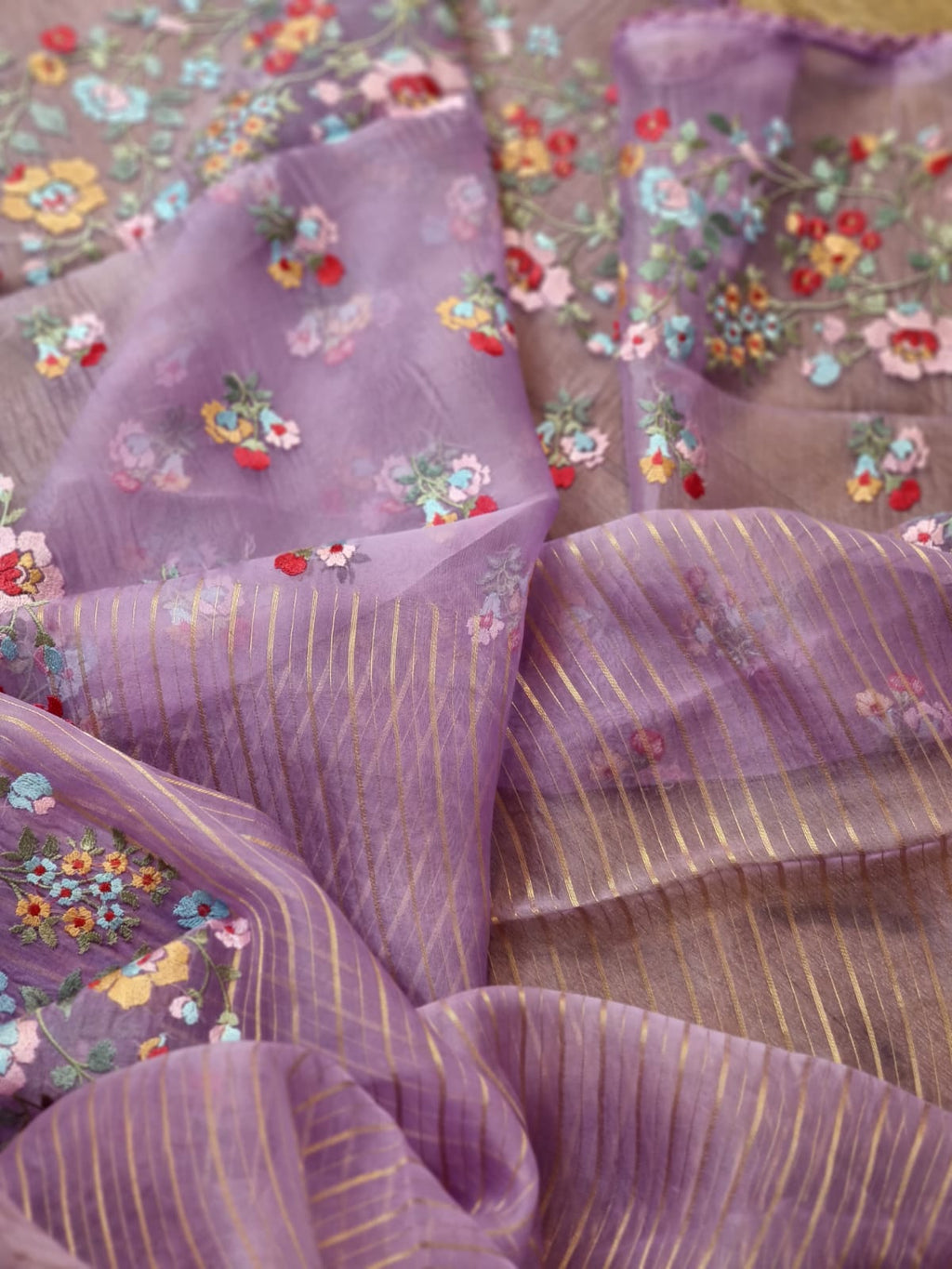 Pure Organza Silk  floral Embroidery Saree with velvet lace and heavy blouse