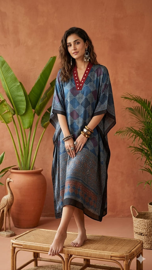 Pure Modal Silk Hand block Printed Kaftans Stitched suit With Hand Mirror Work