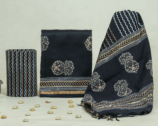 Hand Block Print Chanderi Silk Unstitched Suit