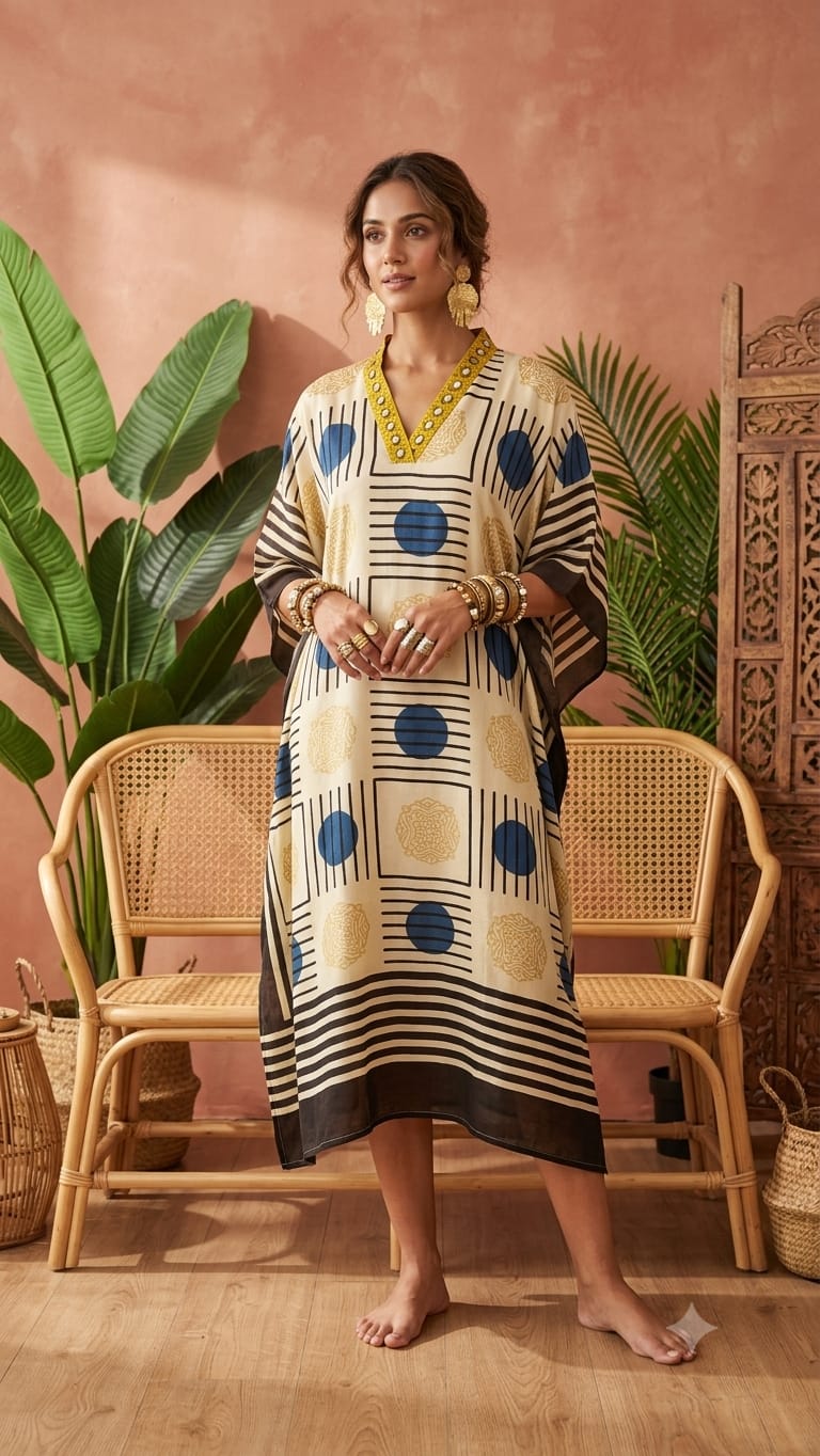 Pure Modal Silk Hand block Printed Kaftans Stitched suit With Hand Mirror Work