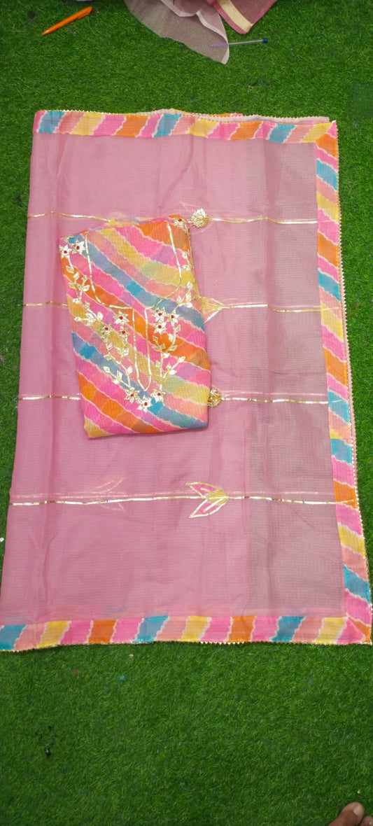 Premium Kota Doria Cotton 3 Pic Unstitched Suit Material with Hand Gota Work & Dupatta