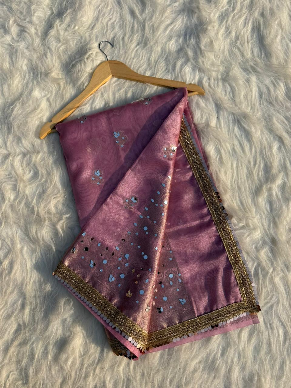 Elegant Tissue Mirror Work Saree with Designer Lace Border