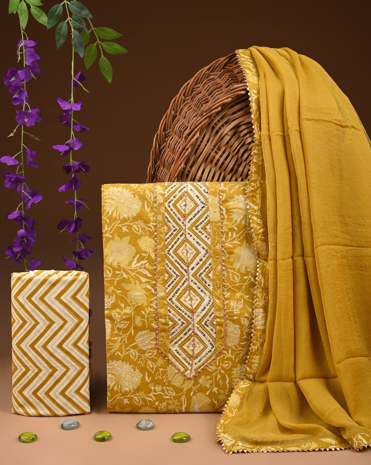Designer gota patti hand work cotton  unstitched suit with chiffon   dupatta