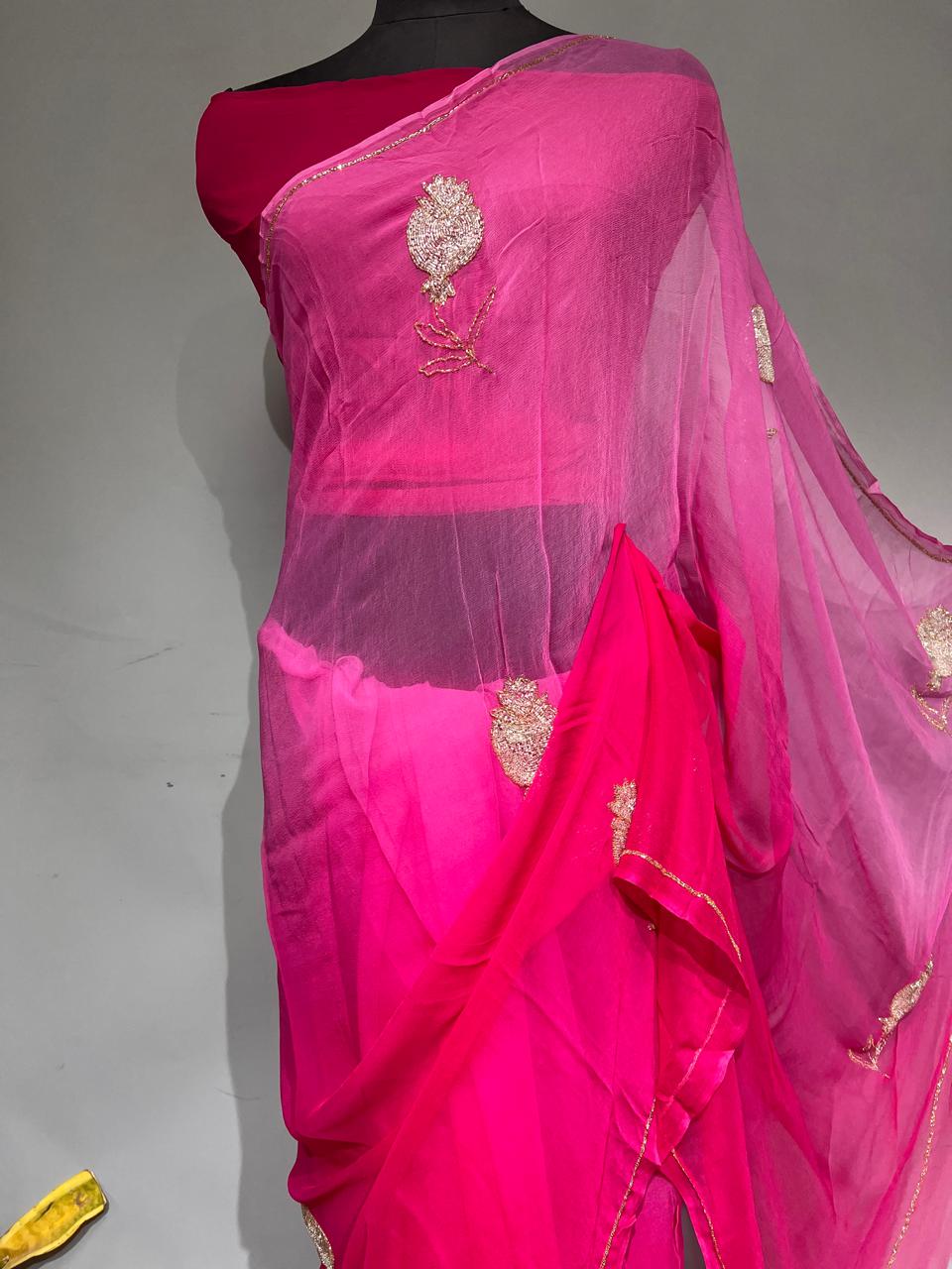 Pure Jaipuri Chiffon 13 big motif work Saree with  blouse