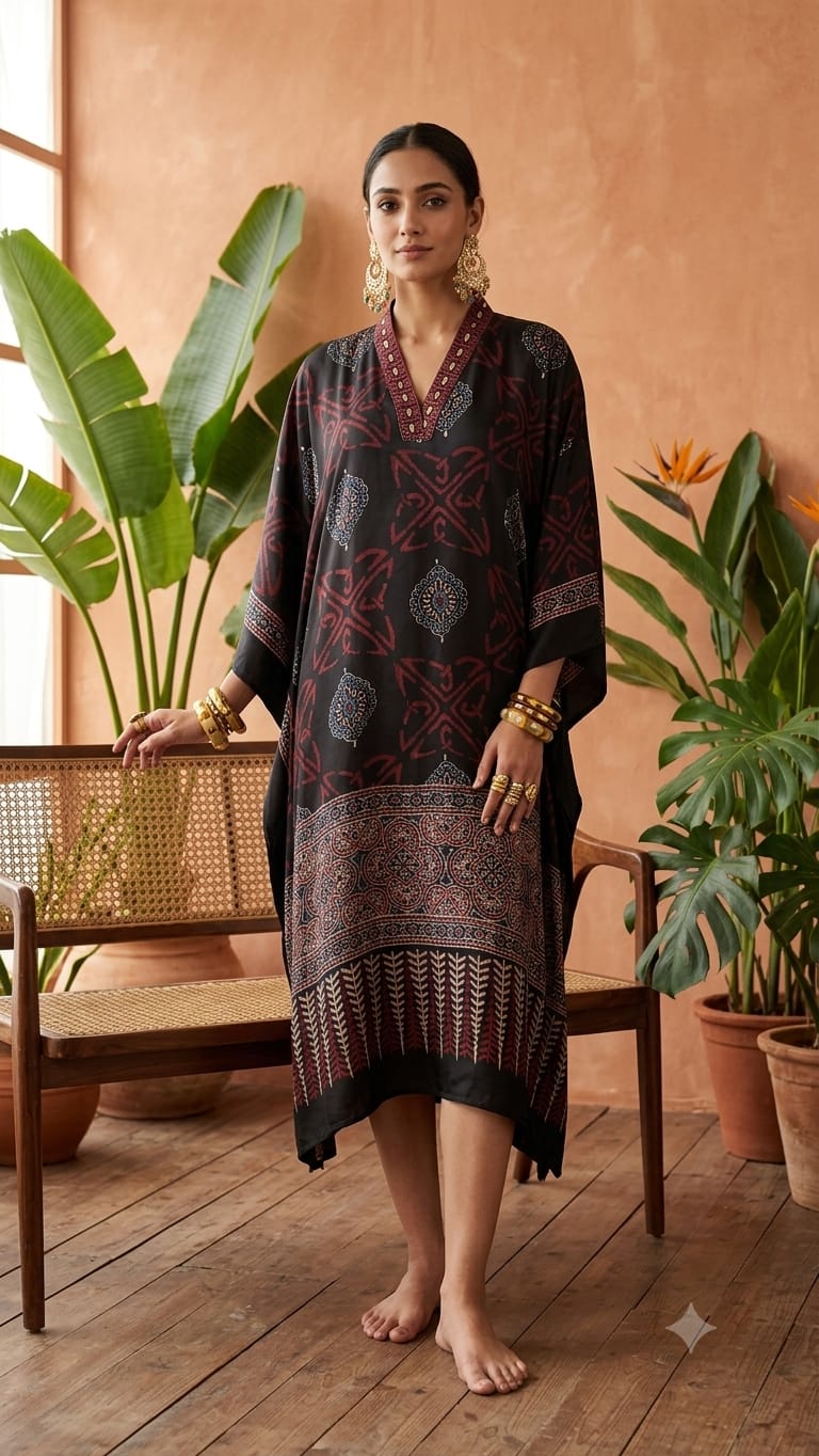 Pure Modal Silk Handblock Printed Kaftans Stitched suit With Hand Mirror Work