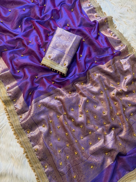 Premium Banarasi Tissue Zari Weaving Saree with Ghungroo Handwork Border