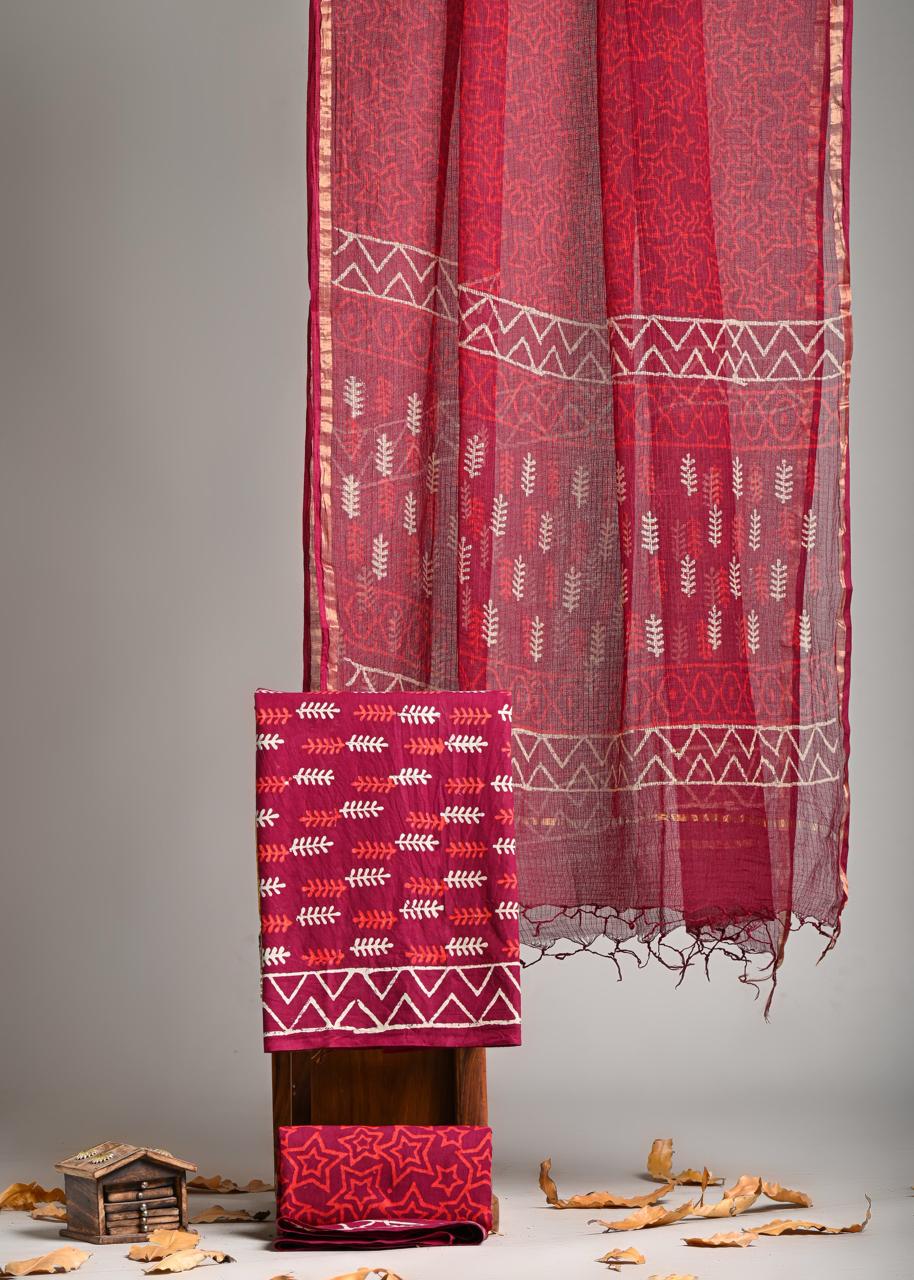 Pure Cotton Hand Block Print Suit With Kota Doriya Dupatta