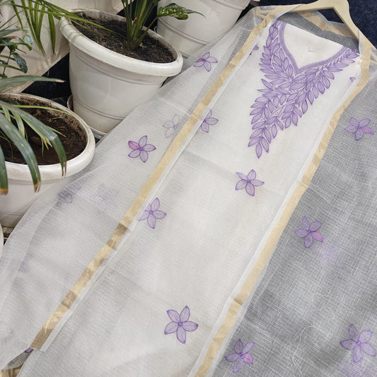 Pure Kota-Doria Unstitched Suit with Embroidery Work
