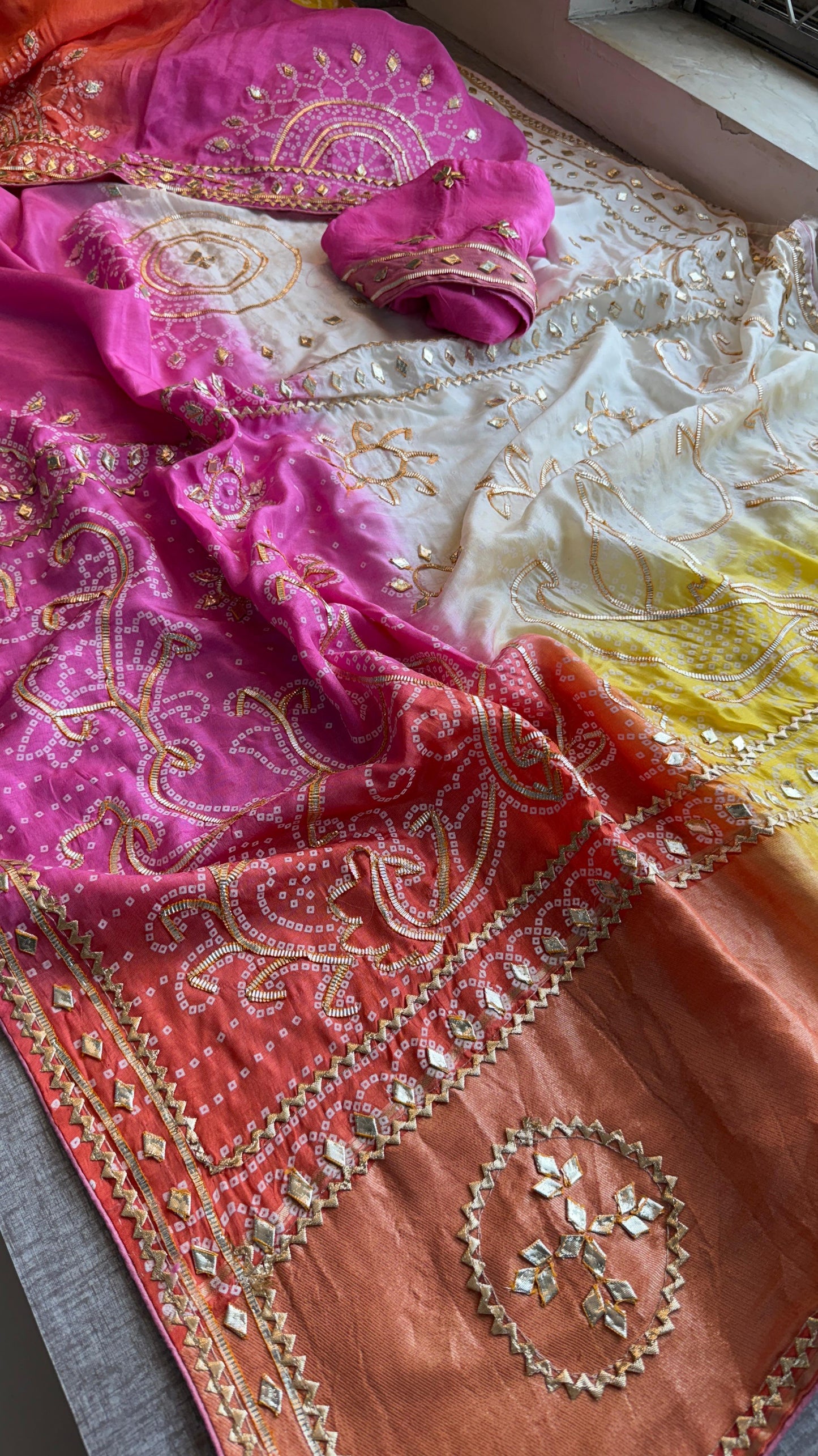 Pure Munga Silk Gotta Patti Work Saree With Blouse