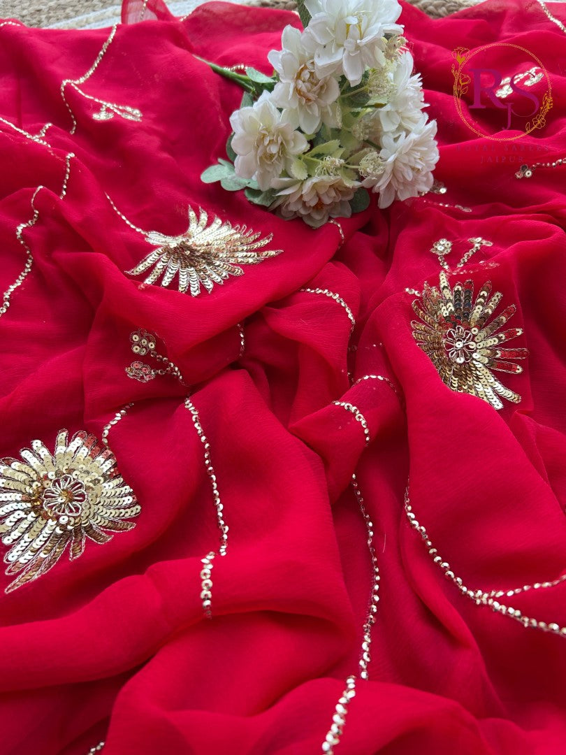 Pure Dimond Chiffon Hand Work Saree With Running Blouse