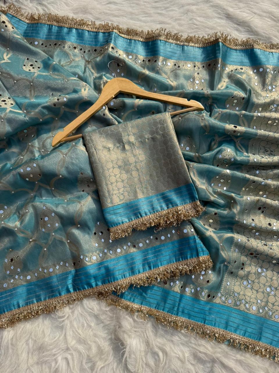 Elegant Tissue Mirror Work Saree with Designer Lace Border