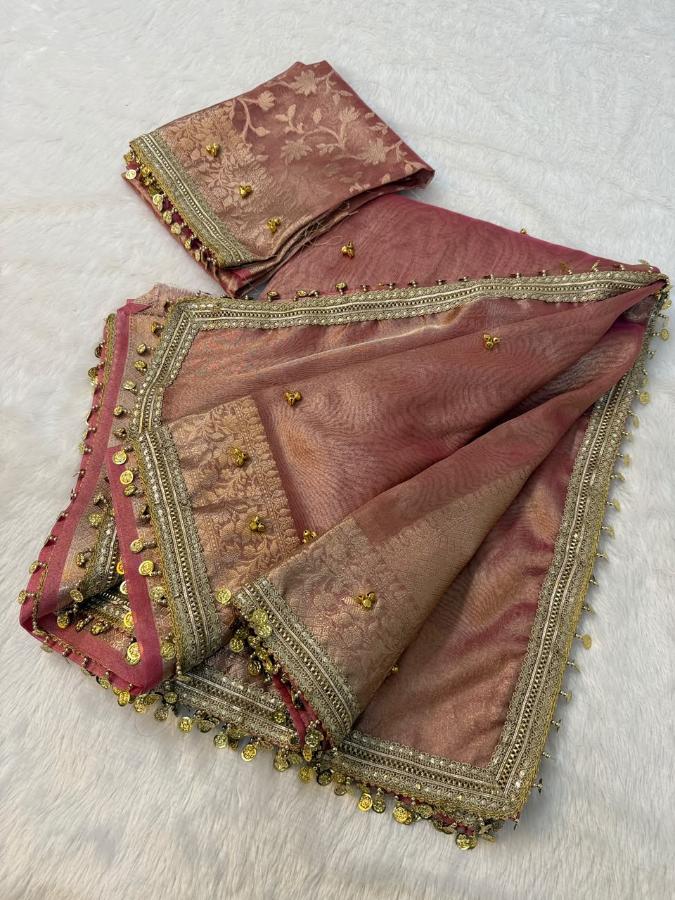 Premium Banarasi Tissue Zari Weaving Saree with Ghungroo Handwork Border