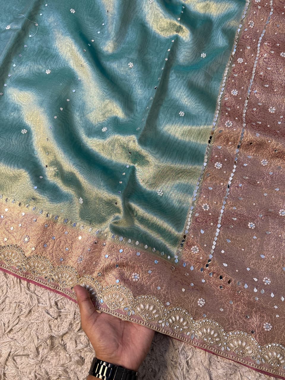 Elegant Tissue Mirror Work Saree with Designer Lace Border