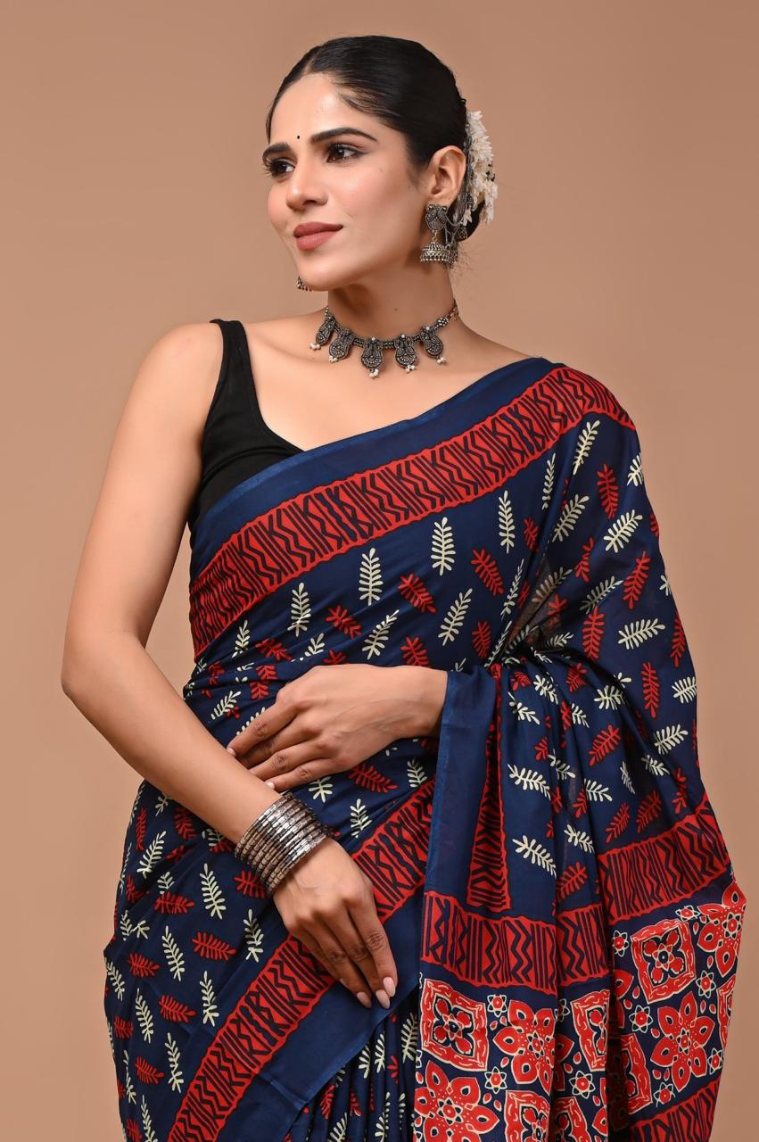 Pure Mulmul Cotton hand block Print Saree with Blouse