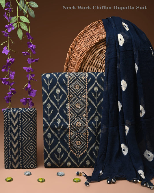 Designer gota patti hand work cotton  unstitched suit with chiffon   dupatta