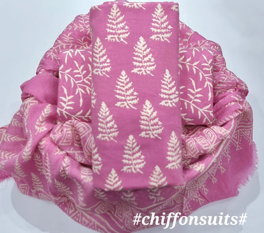 Pure cotton hand-block print suit with Chiffon dupatta