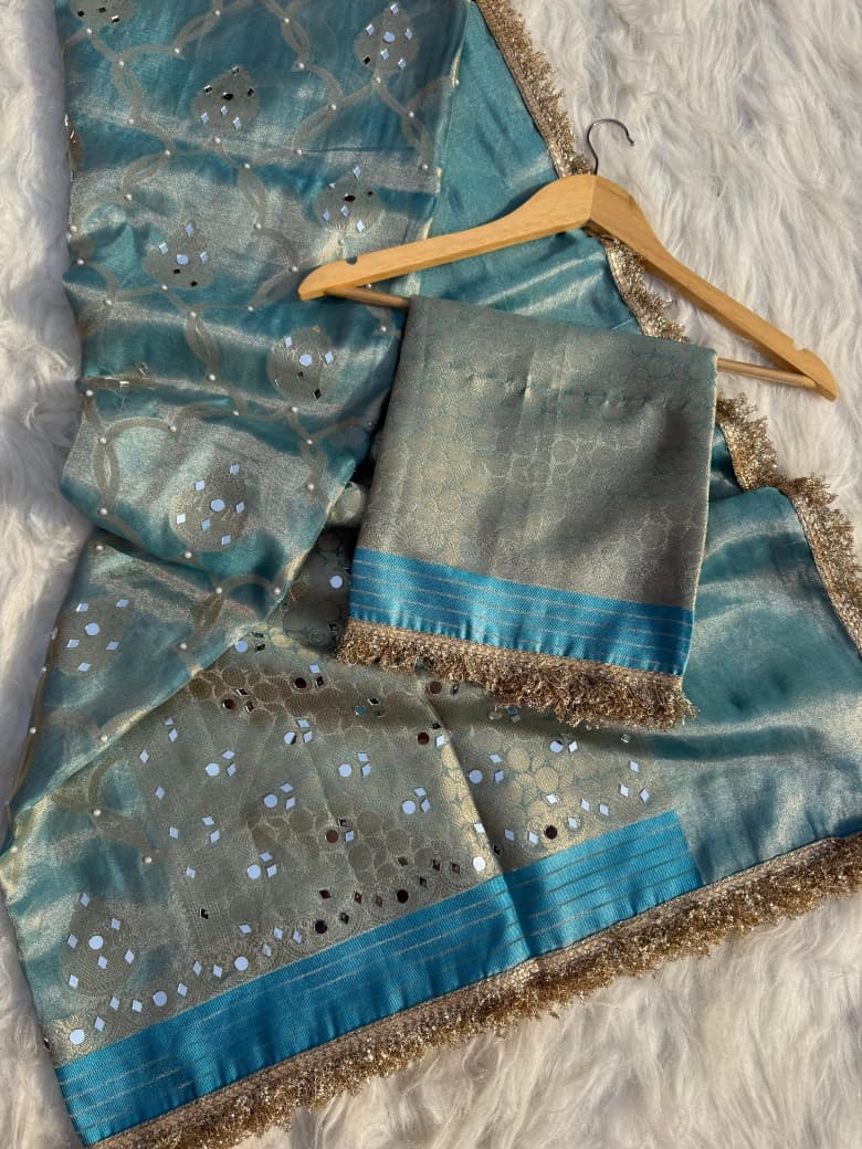 Elegant Tissue Mirror Work Saree with Designer Lace Border