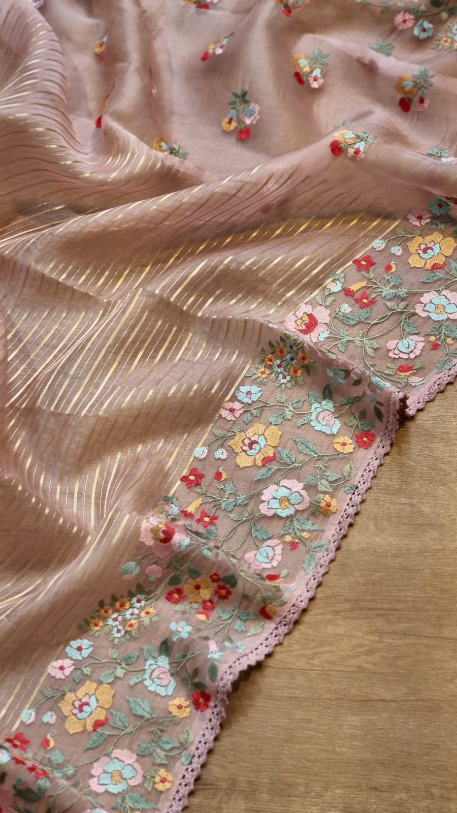 Pure Organza Silk  floral Embroidery Saree with velvet lace and heavy blouse