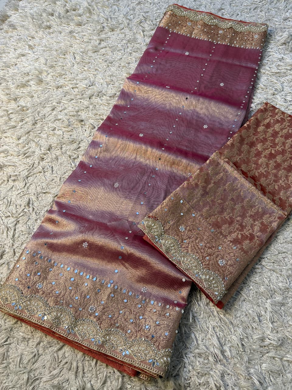 Elegant Tissue Mirror Work Saree with Designer Lace Border