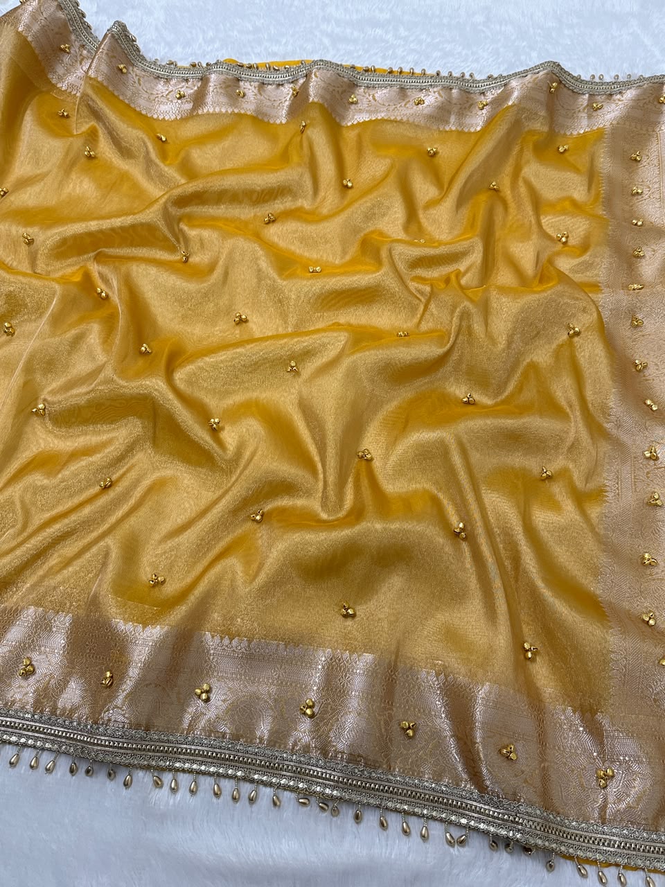 Premium Banarasi Tissue Zari Weaving Saree with Ghungroo Handwork Border