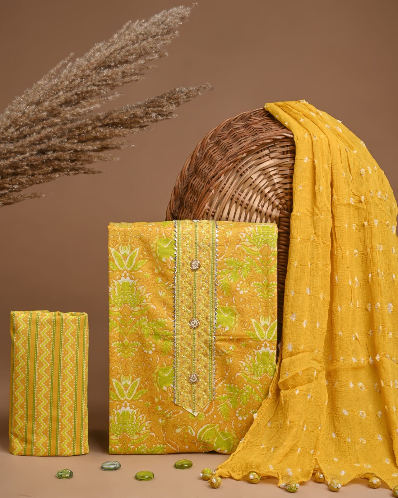 Designer gota patti hand work cotton  unstitched suit with chiffon   dupatta