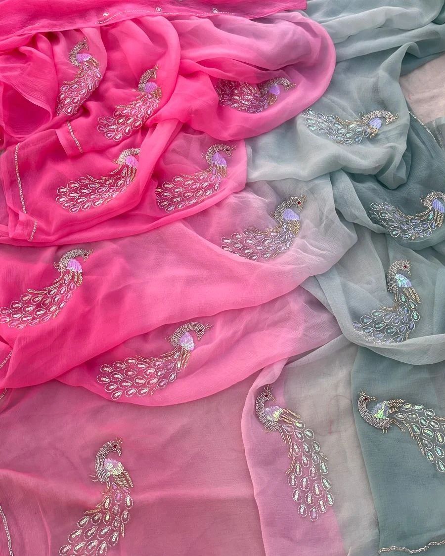 Pure Jaipuri Chiffon 15 big motif work Saree with running blouse