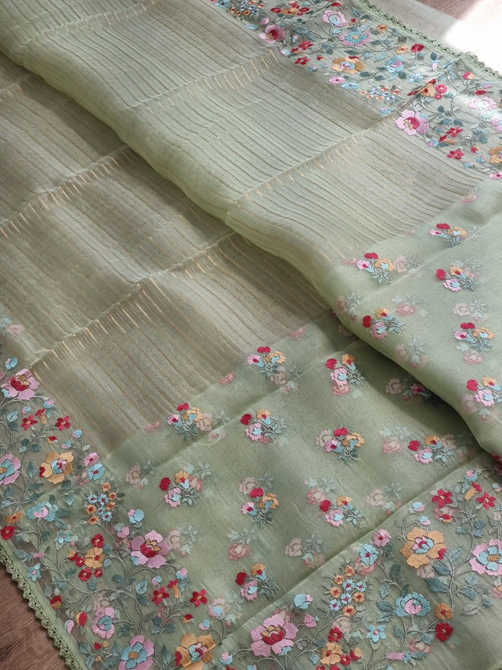 Pure Organza Silk  floral Embroidery Saree with velvet lace and heavy blouse