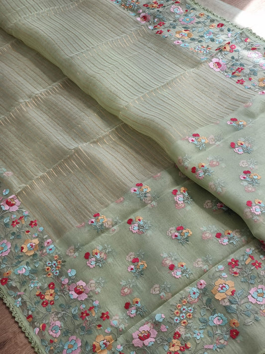 Pure Organza Silk  floral Embroidery Saree with velvet lace and heavy blouse