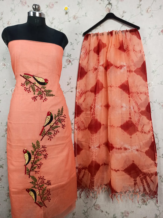 Kota-Doria Unstitched Suit with Embroidey Work