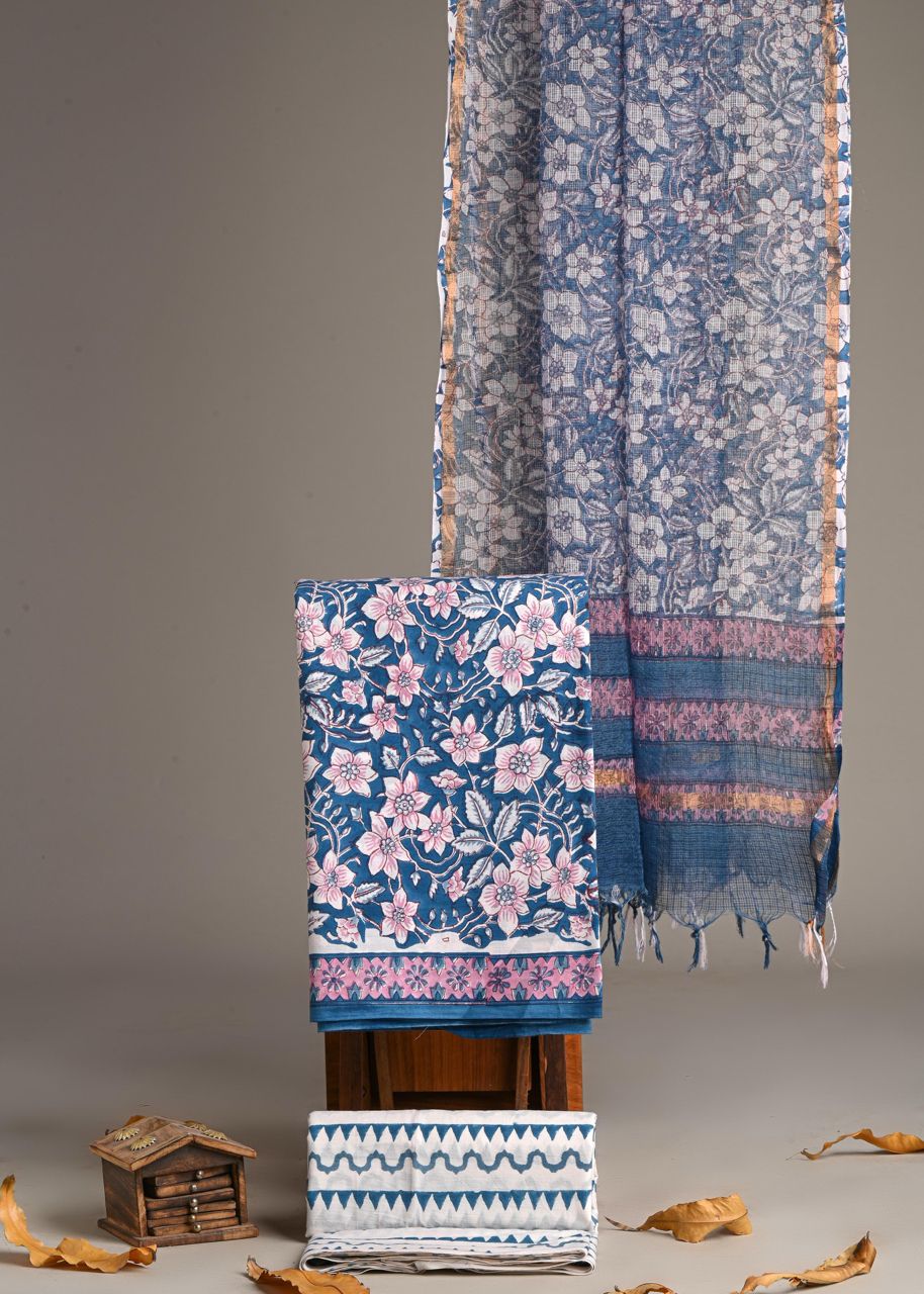 Pure Cotton Hand Block Print Suit With Kota Doriya Dupatta