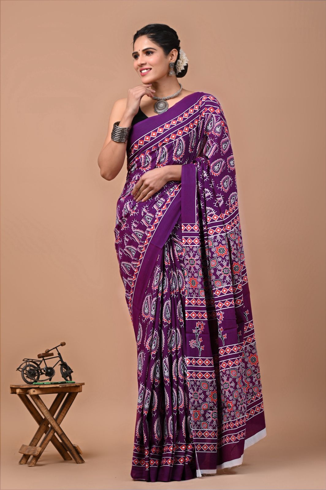 Pure Mulmul Cotton hand block Print Saree with Blouse