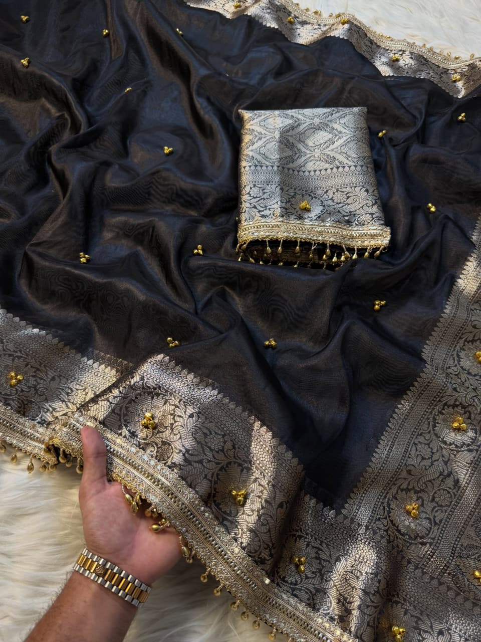 Premium Banarasi Tissue Zari Weaving Saree with Ghungroo Handwork Border