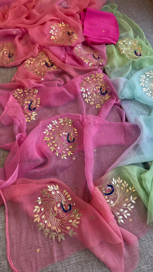 Designer Pure jaipuri Chiffon Saree with 13 Big Flower Motif