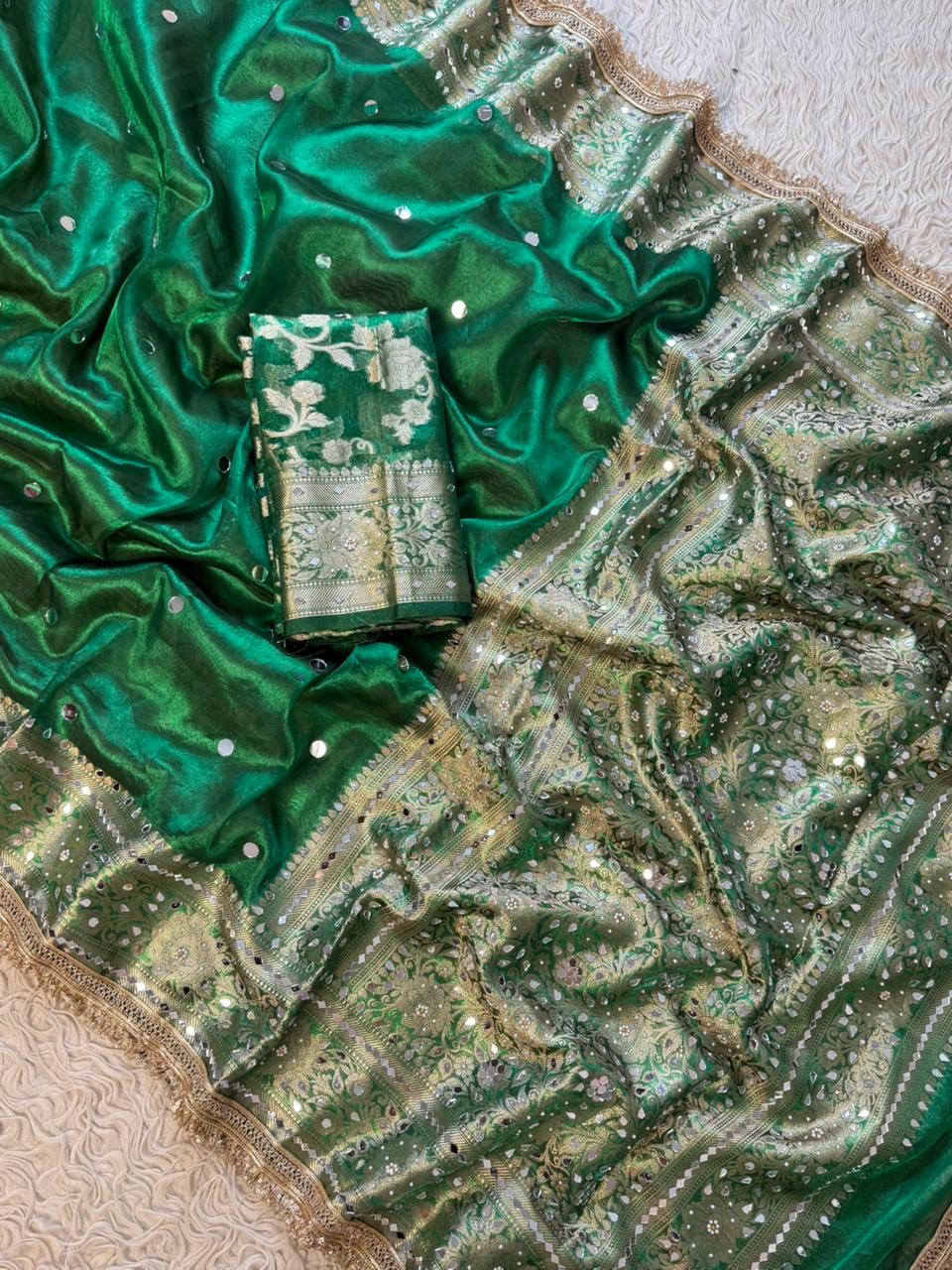 Banarasi Tissue Silk Saree With beautiful  borders with mirror  work