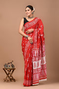 Pure Mulmul Cotton hand block Print Saree with Blouse