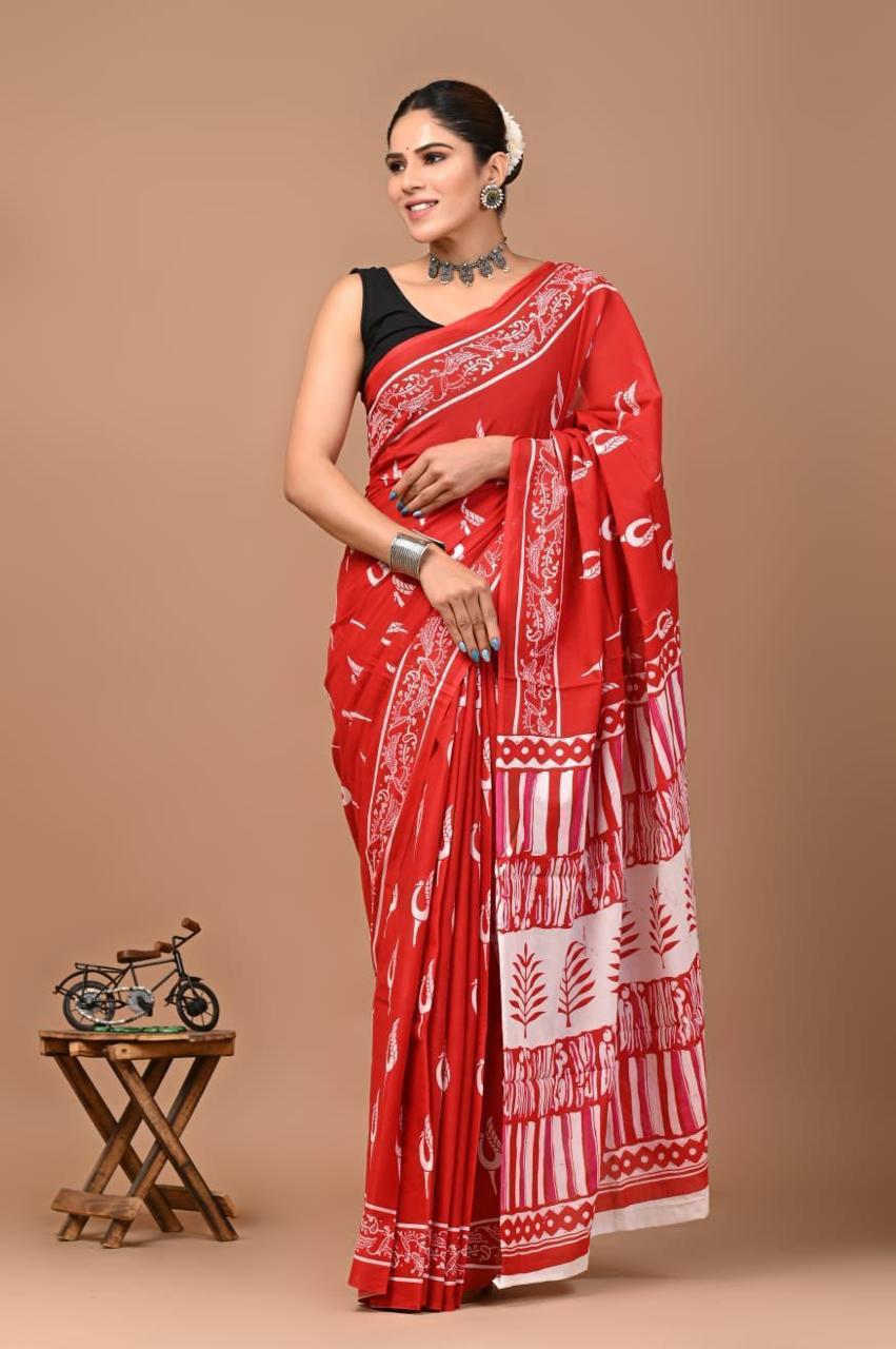 Pure Mulmul Cotton hand block Print Saree with Blouse